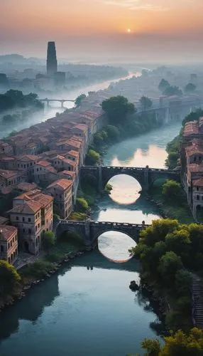 In the heart of the Roman Empire, a stone bridge spans the distance, lined with tall buildings and bright buildings. The river of the river, with its sparkling waters, ripples gently in the dry air. A