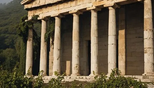 Doric columns, ancient Greek temple, stone structures, ornate carvings, intricate sculptures, marble material, weathered texture, ruined state, overgrown with vines, abandoned atmosphere, misty mornin