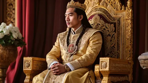 A young king from the monarchs of Southeast Asia, his long hair intricately braided down to the middle of his back, adorns himself in formal regal attire. Seated upon a magnificent throne, to his righ