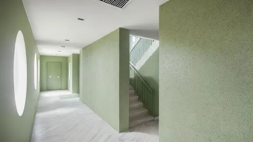 RAW Photo, Building entrance, daylight from round window, light olive green plaster wall, white floor, Door with light olive green frame, Dark olive green wall skirting, white stair case with olive gr