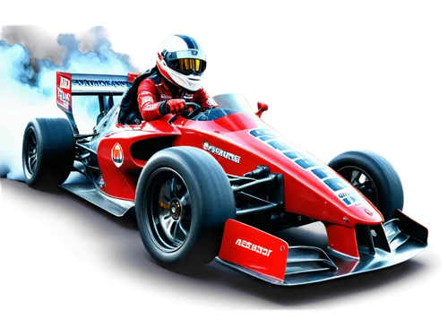 Racing car, low-angle shot, shiny red body, sporty wheels, loud revving sound, smoke coming out of exhaust pipe, aggressive driver, wearing helmet and sunglasses, 3/4 composition, dramatic lighting, c