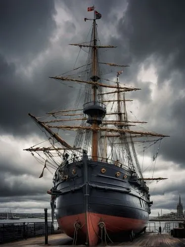 Aberdeen naval architecture, British Royal Navy warship, grey steel hull, majestic sail, complex rigging, intricate wooden deck, bronze cannons, naval flags, anchor chain, lifebuoy, navigation room, c