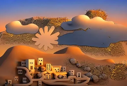 Several buildings from old west on desert mountains, dusk time, some clouds,libyan desert,arid landscape,sand art,arid land,desert landscape,arabic background,desert desert landscape,desert background