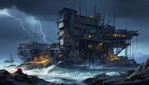 ship wreck,ghost ship,shipwreck,the wreck of the ship,pirate ship,galleon ship,sea fantasy,ironclad warship,galleon,maelstrom,rescue and salvage ship,sea storm,sunken ship,oil platform,old ship,gunkanjima,pirate treasure,caravel,ghost castle,fantasy picture,Conceptual Art,Sci-Fi,Sci-Fi 01