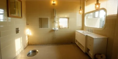 a cozy bathroom with tiled floor and walls, filled with sunlight from the window. The room is bathed in soft, warm light, and the room is filled with the soft glow of candles, a woman is drying her ha