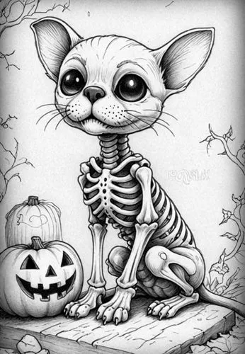 : Design Sketch-Rough Outline ,a drawing of a cat skeleton sitting with its paws up,halloween illustration,halloween cat,catdgory,halloween line art,vintage skeleton,scaretta,Design Sketch,Design Sket