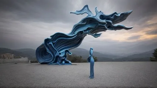 wind machine,steel sculpture,kinetic art,blue enchantress,3d fantasy,photo manipulation,conceptual photography,photomanipulation,blue snake,wind wave,allies sculpture,wind machines,mother earth statue,surrealism,wind edge,raven sculpture,wind finder,paper art,digital compositing,wind warrior,Common,Common,Natural