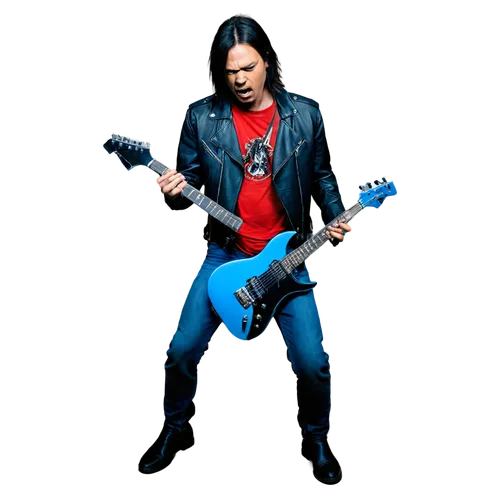 Metal musician, male, aggressive facial expression, black hair with red streaks, black leather jacket, metallica T-shirt, blue jeans, black boots, holding electric guitar, playing solo, headbanging, s