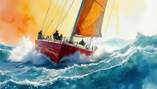 Vibrant expressive artwork. Medium shot. A highspeed monohull yacht racing through waves, water splashing, on a sunny windy day. Medium shot. In the style of mixed media, ink and watercolour, with dee