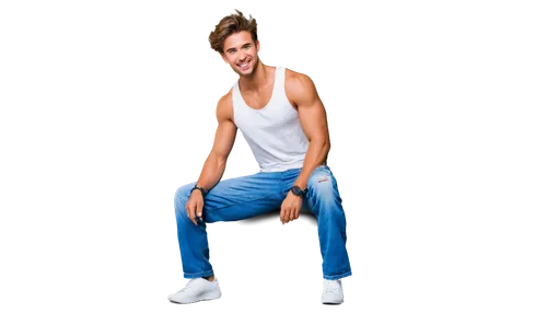 muscular man, athletic build, chiseled features, messy hair, smoldering eyes, sharp jawline, bright smile, casual wear, white tank top, distressed denim jeans, sneakers, relaxed pose, leaning against 