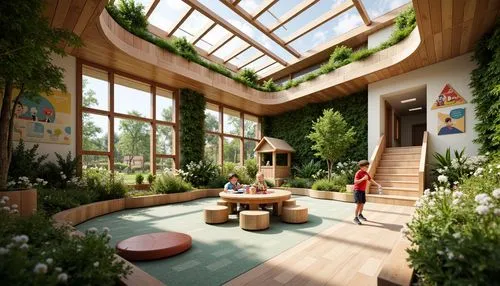 conservatory,sunroom,nurseries,nursery,indoor,greenhouse,atriums,3d rendering,children's interior,grass roof,ecovillages,dandelion hall,roof landscape,climbing garden,roof garden,skylights,school design,conservatories,sketchup,houseplants