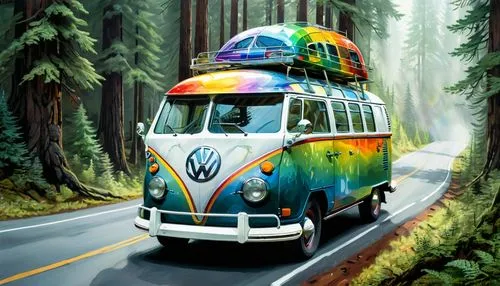 Double exposure 25th century VW T1 Bus Starwars edition on highway through autom forest in Canada,  water color cinematic brilliant intricate, fantasy, Greg rutkowski, hyperdetailed, trending, Unreal,