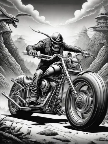 Monochrome airbrush paintable illustration depicting Monster Chopper,a black and white drawing of a motorcyclist on a road,biker,harley davidson,bullet ride,motorcyclist,black motorcycle,motorcycling,