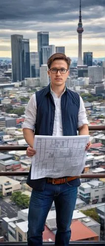 Male architectural designer, Timaru, standing, confident pose, 30s, short brown hair, black-rimmed glasses, white shirt, dark blue jeans, leather belt, brown shoes, holding blueprints, pencil in hand,