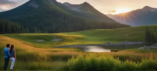 couple standing in front of a forested mountain,salt meadow landscape,landscape background,alpine meadow,mountain meadow,meadow landscape,background view nature,world digital painting,beautiful landsc