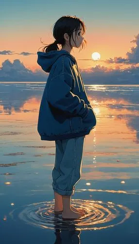 hanji,hausser,reflect,longing,reflects,serene,reflecting,bananafish,the horizon,sadozai,reflection,hosoda,floating,in water,ocean,sunset,tranquil,midwater,adrift,water lotus,Illustration,Japanese style,Japanese Style 14