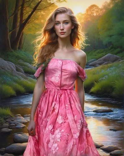 the blonde in the river,girl on the river,world digital painting,girl in a long dress,fantasy portrait,celtic woman,mystical portrait of a girl,romantic portrait,fantasy picture,portrait background,di