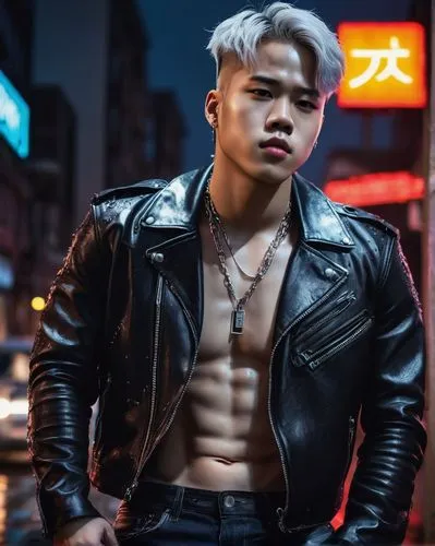 Jimin, K-pop idol, bald, charismatic eyes, sharp facial features, chiseled jawline, fit physique, black leather jacket, silver chain necklace, ripped denim jeans, black boots, confident pose, city str