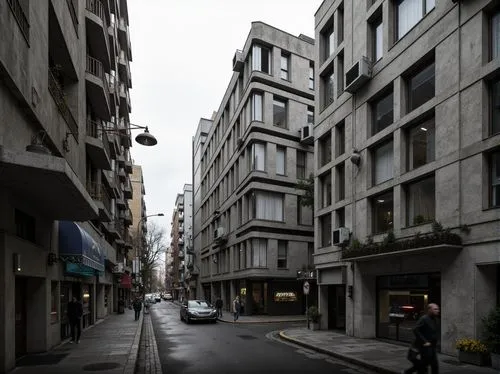 Monochromatic brutalist architecture, rugged concrete textures, industrial metal accents, bold geometric shapes, dramatic shadows, cold atmospheric lighting, desaturated earth tones, muted pastel hues