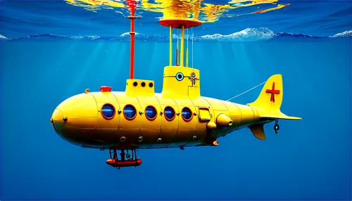 Yellow Submarine, vintage style, 1960s design, bright yellow hull, rounded portholes, propeller at rear, anchor at front, intricate details, underwater exploration, soft blue water, sunlight filtering