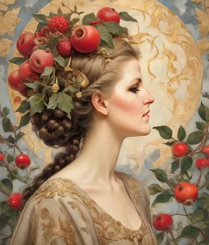 girl in a wreath,rose wreath,persephone,golden wreath,bacchante,apple tree,Digital Art,Impressionism