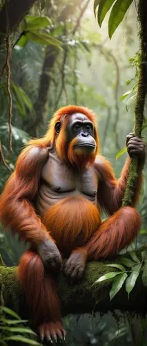 Clyde the orangutan, solo, (adult), majestic furry body, expressive detailed face, big round eyes, nose wrinkles, gentle smile, shaggy orange fur, muscular arms, grasping a tree branch, sitting on a j