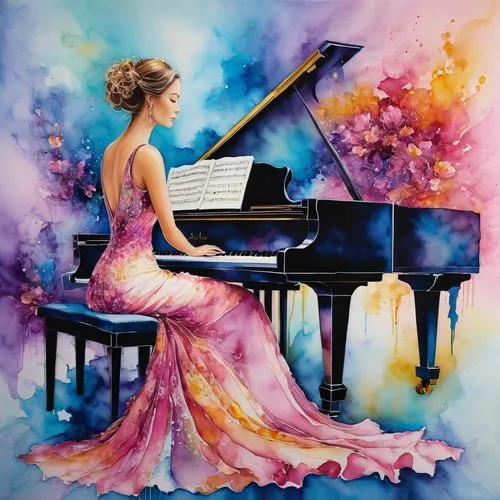 concerto for piano,piano player,pianist,watercolor painting,watercolor background,watercolor,Illustration,Paper based,Paper Based 15