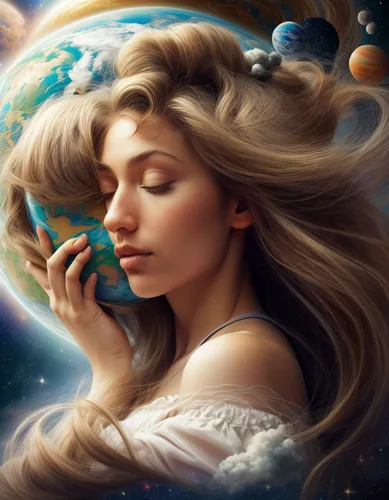 gaia,mystical portrait of a girl,fantasy picture,horoscope libra,fantasy portrait,heliosphere,world digital painting,fantasy art,harmonia macrocosmica,mother earth,romantic portrait,sci fiction illustration,celestial body,astronomy,zodiac sign libra,astronomer,dream world,fantasy woman,moonflower,celestial bodies