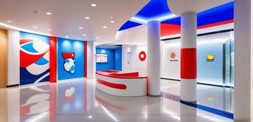 Pop-up exhibition space design, main colors are white, red and blue, curved ceiling recessed lights, reflective glossy floor, clean modernist style, columns with straight pattern, Pokemon ball logo an