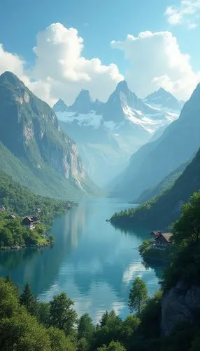 the large mountain peaks towering over a small lake in the mountains,rendalen,frafjord,fjord,japanese alps,mountainous landscape,fjord landscape,Photography,General,Realistic