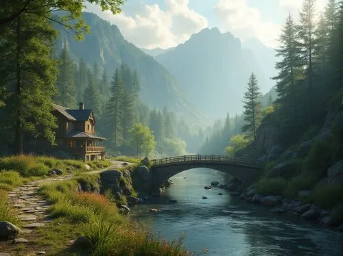 fantasy landscape,wooden bridge,river landscape,rivendell,house in the mountains,house in mountains,alpine landscape,home landscape,world digital painting,nature landscape,landscape background,beautiful landscape,fantasy picture,mountain stream,mountain settlement,scenic bridge,the cabin in the mountains,gondolin,seclude,water mill,Photography,General,Realistic