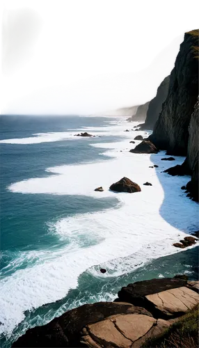 Waves, ocean, blue water, white foam, crashing sound, seaside, rocks, misty atmosphere, panoramic view, warm sunlight, 3/4 composition, shallow depth of field, cinematic lighting, soft focus.,a beach 