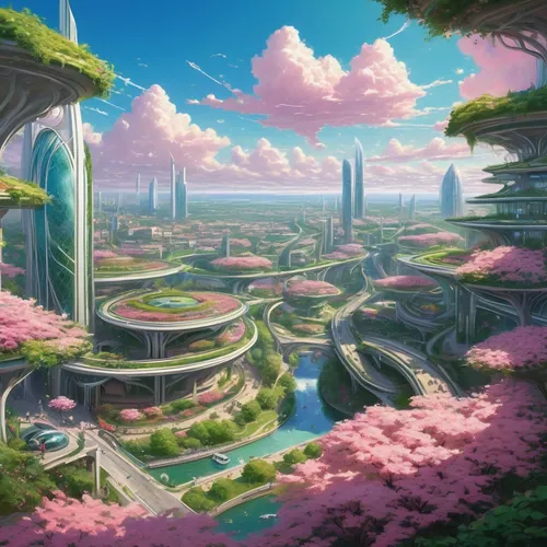 futuristic landscape,fantasy city,utopian,fantasy landscape,aurora village,ancient city,skyscraper town,terraforming,mushroom landscape,fantasy world,valerian,sky city,cosmos field,alien world,artificial island,futuristic architecture,virtual landscape,metropolis,alien planet,fairy world,Illustration,Realistic Fantasy,Realistic Fantasy 03