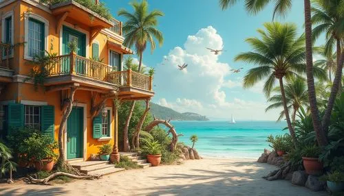 Coastal villa, eclectic architecture, colorful exterior walls, irregular shape, balconies with ornate iron railings, lush greenery overflowing from planters, mature palm trees, driftwood decorations, 