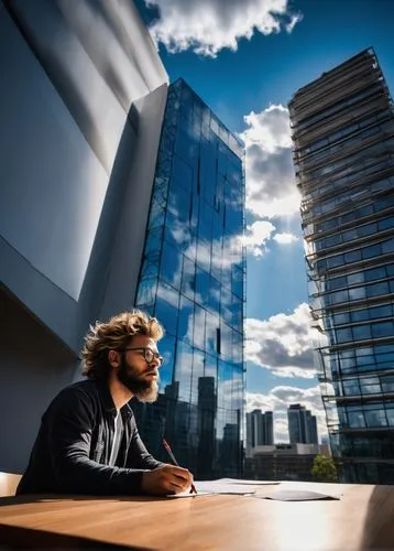 Architecture photography course, professional photographer, male instructor, 30s, messy hair, glasses, casual wear, holding camera, standing in front of modern skyscraper, urban cityscape, blue sky wi