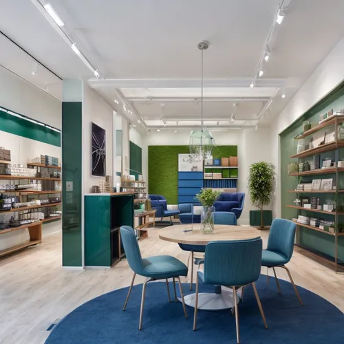 modern eye store interior with blue furniture and green wall  ,pharmacy,apothecary,ovitt store,shoe store,bond stores,soap shop,thymes,jewelry store,smoking area,tea tree,naturopathy,cosmetics counter