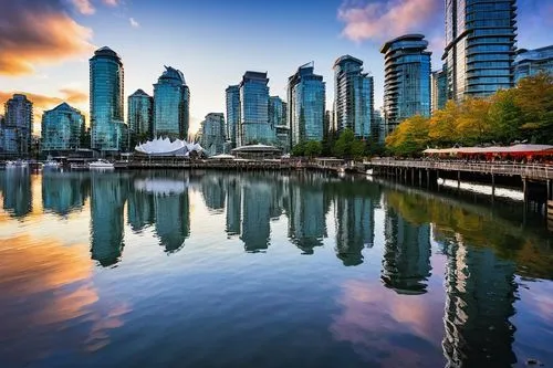 Vancouver cityscape, modern skyscrapers, glass towers, steel frames, intricate architectural details, urban landscape, busy streets, Canada Place, Vancouver Art Gallery, Robson Street, Stanley Park, s