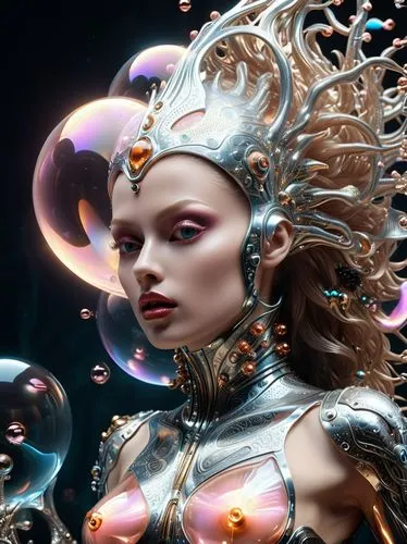 3d fantasy,fantasy art,fractalius,fantasy woman,the enchantress,biomechanical,fantasy portrait,cyberspace,cybernetics,water pearls,humanoid,sci fiction illustration,artificial hair integrations,priestess,jeweled,fractals art,cinema 4d,aura,sorceress,digital compositing,Conceptual Art,Sci-Fi,Sci-Fi 09