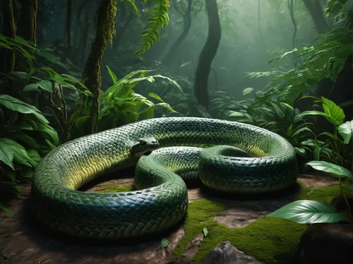 green tree snake,green snake,green mamba,water snake,african house snake,anaconda,tree snake,blue snake,banded water snake,serpent,plain bellied watersnake,smooth greensnake,boa constrictor,grass snake,glossy snake,morelia viridis,python,venomous snake,eastern indigo snake,western green mamba,Art,Classical Oil Painting,Classical Oil Painting 21