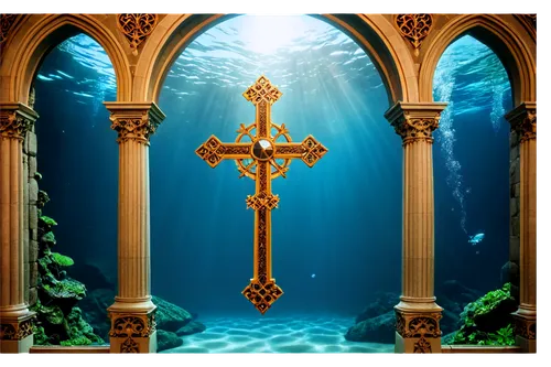 sunken church,god of the sea,underwater background,atlantica,tabernacles,underwater oasis,cruciform,cartoon video game background,catholicon,mikvah,ocean background,rebaptism,underwater landscape,catholica,rebaptised,avernum,mermaid background,wooden cross,oceanus,atlantean,Photography,Artistic Photography,Artistic Photography 01