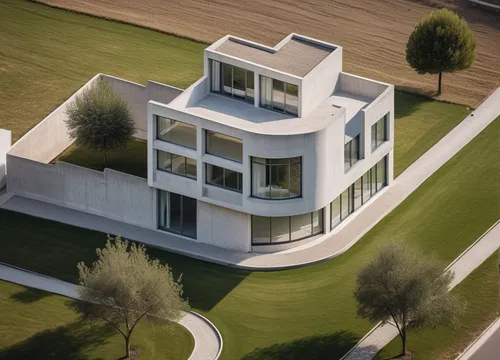 Drone View. A modern-style house with a curved facade, situated on a corner plot.,3d rendering,modern house,cubic house,danish house,modern architecture,cube house,dunes house,model house,house shape,