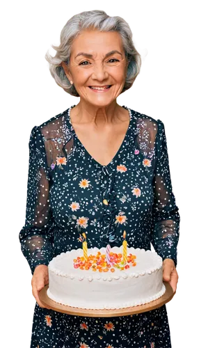 Happy 77-year-old grandma, smiling face, wrinkled skin, gray hair, pearl necklace, floral dress, holding cake with candles, surrounded by balloons, warm lighting, soft focus, shallow depth of field, c