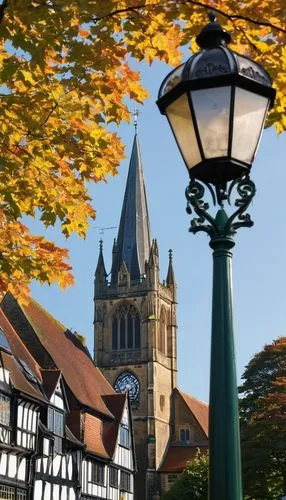 Northampton's traditional English town, historic architectural design, medieval-era inspired buildings, half-timbered Tudor-style facades, steeply pitched roofs, red-brick walls with ornate stone carv