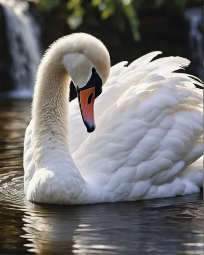 Picture a young swan tenderly preening its soft, white feathers by a sparkling waterfall.,swan cub,trumpeter swan,mute swan,young swan,white swan,swan,tundra swan,the head of the swan,canadian swans,s