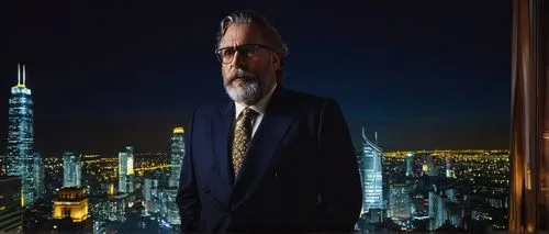 David Malman, mature man, 50yo, beard, glasses, suit, tie, hands behind back, standing, architectural model, modern building, skyscraper, cityscape, nighttime, dark blue tone, warm yellow light, drama