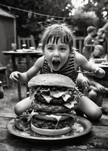 Create a scene where a messy big hamburger is devoured with enthusiasm at a fun-filled backyard barbecue.,burguer,gluttony,big hamburger,baby playing with food,kids' meal,burger,appetite,hamburger,hun