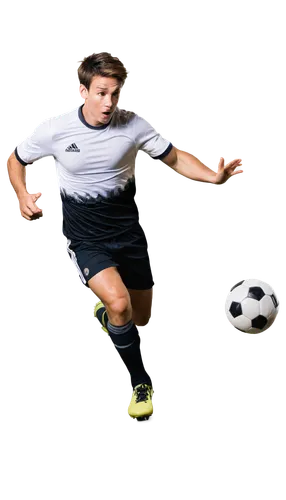 Male, athletic build, dynamic pose, soccer player, sports uniform, white jersey, black shorts, shin guards, cleats, messy short hair, focused facial expression, sweaty skin, muscular legs, intense eye