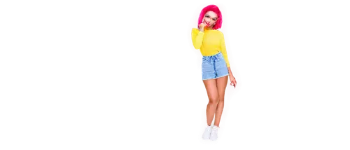 Neon yellow clothing, bright pink hair clips, bold black eyeliner, glossy lips, chunky white sneakers, ripped denim shorts, casual pose, daytime setting, 3/4 composition, vibrant color tone, high cont