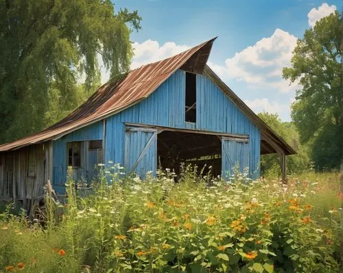 field barn,old barn,garden shed,meadow landscape,outbuilding,barnhouse,summer meadow,country cottage,barn,flowering meadow,meadow,shed,dandelion meadow,bucolic,farm hut,wooden house,home landscape,farm house,small meadow,meadow flowers,Illustration,Paper based,Paper Based 12