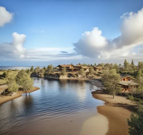 the lodge is situated on the water, overlooking the surrounding shoreline,gooseberry falls,hobbiton,riverland,titicaca,sunriver,ecovillage,Photography,General,Realistic